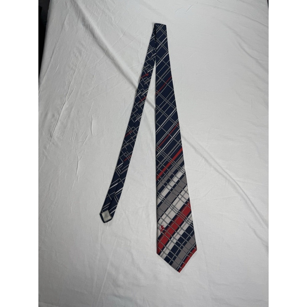 Bronzini Necktie‎ Mens OS Navy Blue Red Plaid Excellent Unicorn Logo Polyester